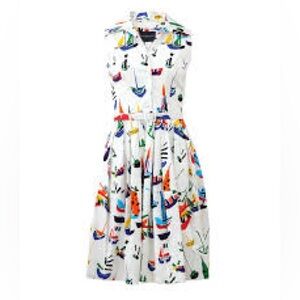 SAMANTHA SUNG White Multicolor Sailboat Print Midi Dress